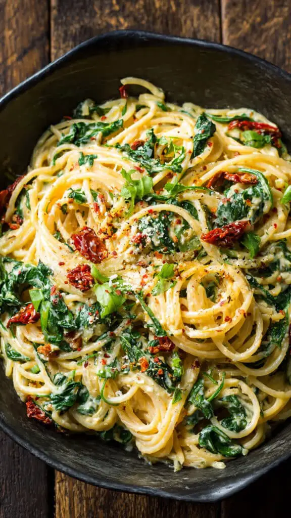 Spaghetti & Spinach with Sun-Dried Tomato Cream Sauce