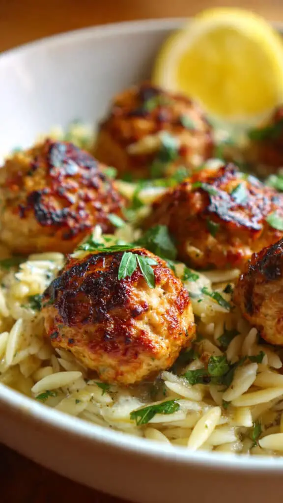 Savory Greek Chicken Meatballs with Zesty Lemon Orzo