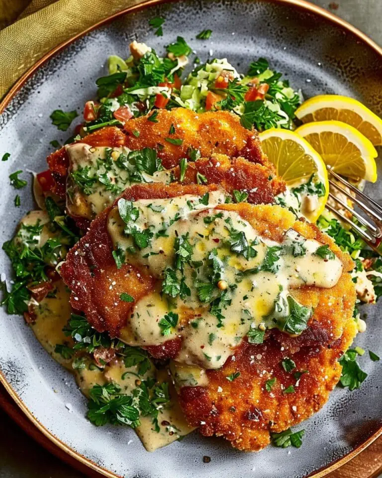 Crispy Chicken Schnitzel with Creamy Garlic–Anchovy Dressing