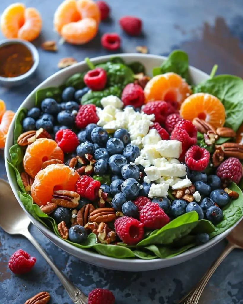 Berry Spinach Salad With Blueberries, Raspberries, Mandarins, Pecans, Feta, And Balsamic Dressing