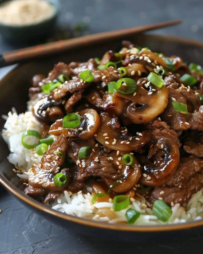 Beef, Onion & Mushroom Stir-Fry Over Rice For Dinner