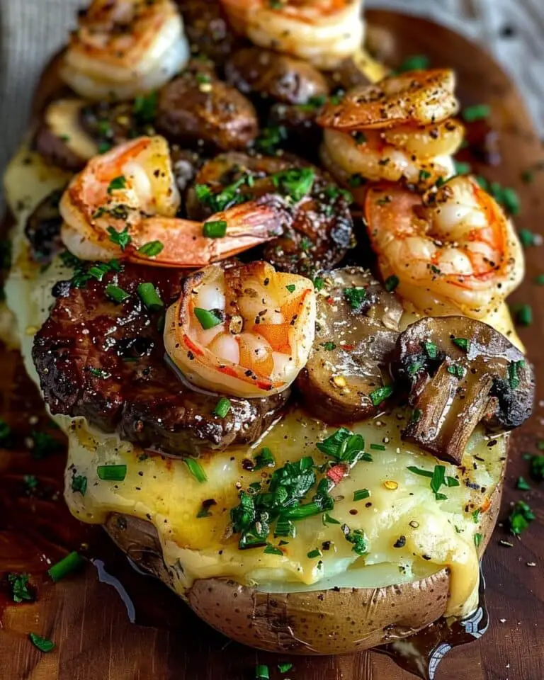Steak, Shrimp & Mushroom Loaded Baked Potatoes