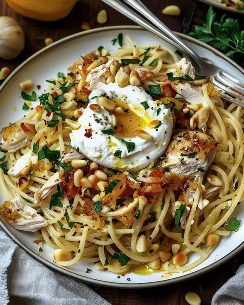 Chicken Spaghetti with Burrata, Pine Nuts, & Lemon Butter Garlic Sauce