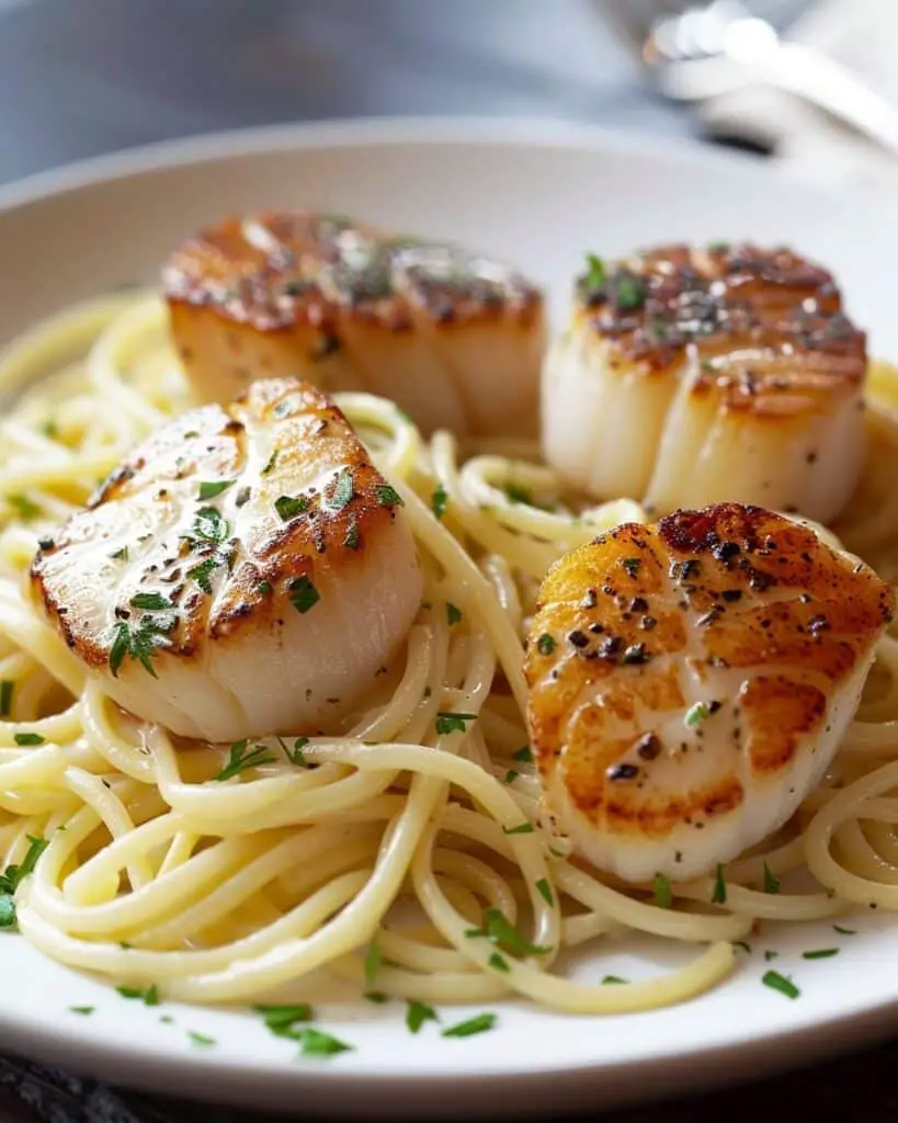 Elegant Seared Scallops Over Garlic Pasta