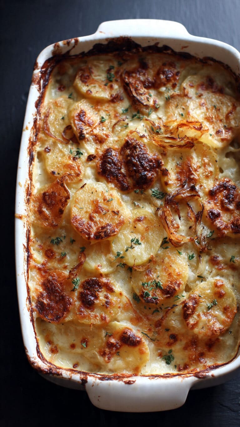 Gruyère Scalloped Potatoes with Crispy Shallots