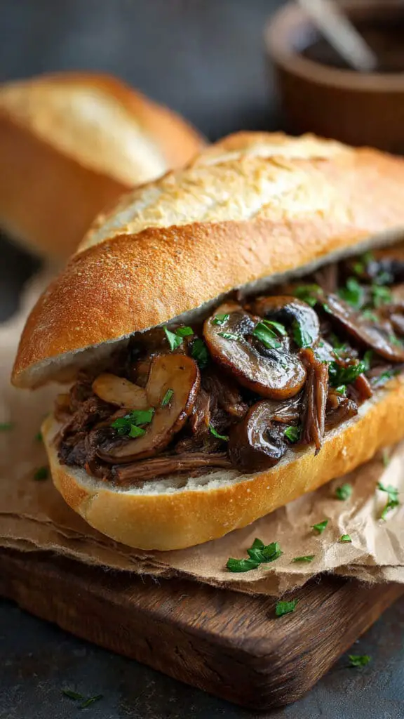 Slow Cooker French Dip Sandwiches with Garlic & Mushrooms