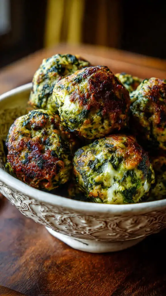 Spinach Garlic Meatballs Stuffed with Mozzarella