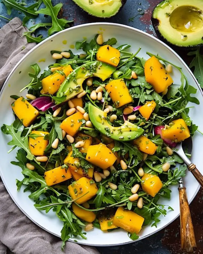 Avocado Mango Salad with Arugula, Pine Nuts, and Honey-Lime Dressing