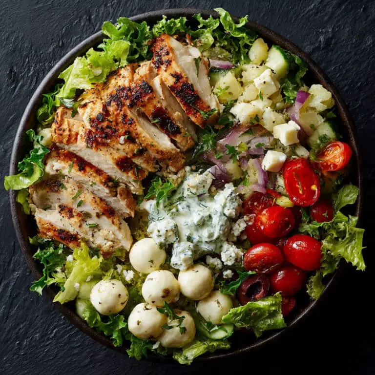 Greek Chicken Bowl with Fresh Salad, Mozzarella Pearls & Creamy Tzatziki