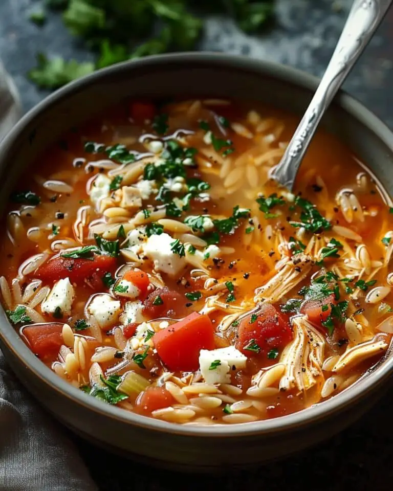 Greek Chicken Orzo Soup with Feta and Tomatoes