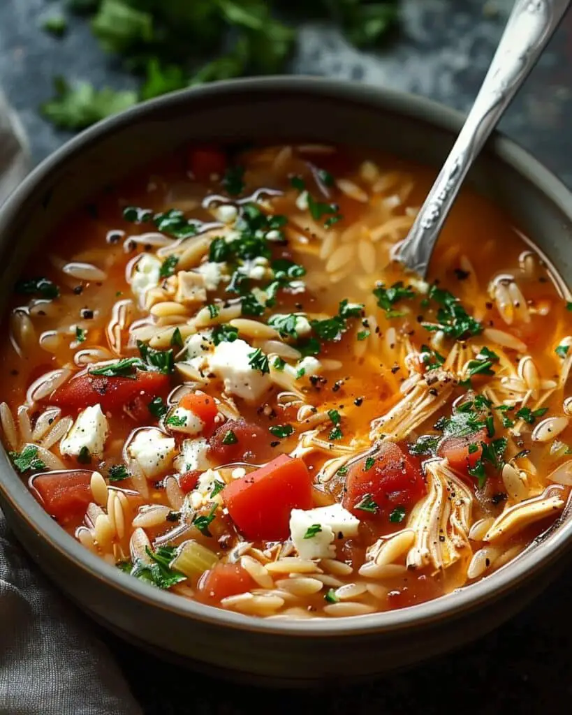 Greek Chicken Orzo Soup with Feta and Tomatoes