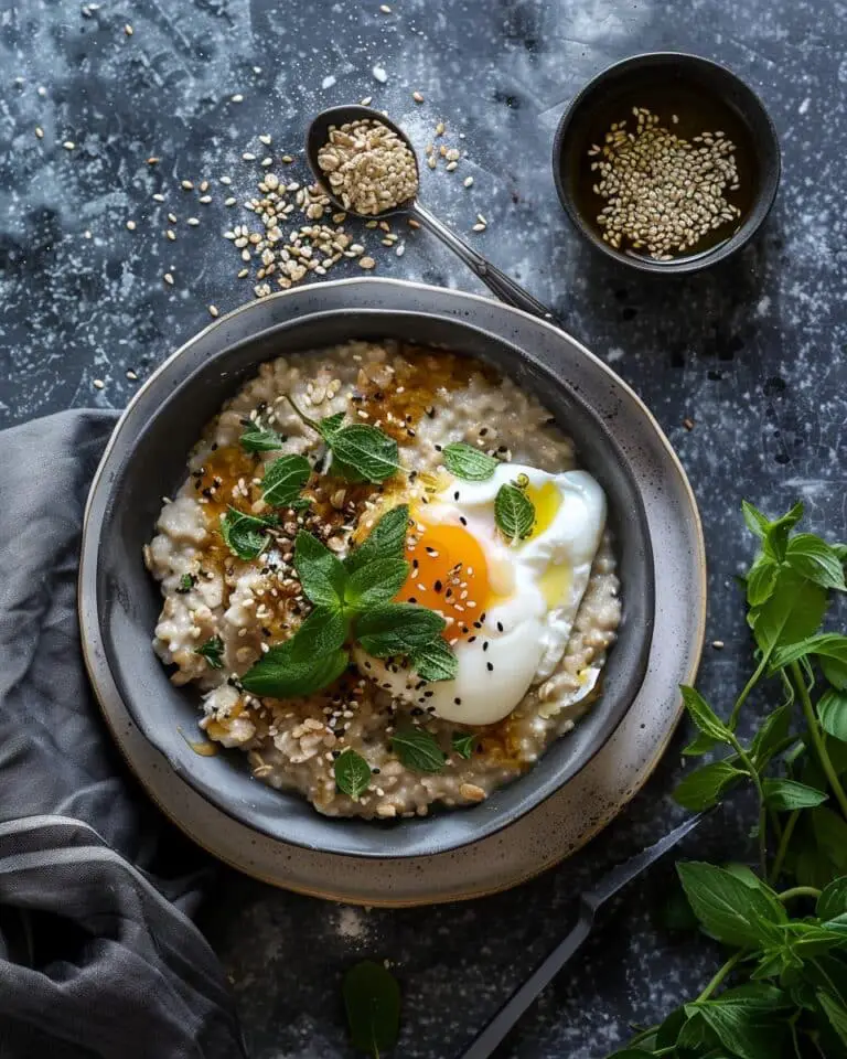Savory Oatmeal with Poached Eggs, Ginger & Sesame