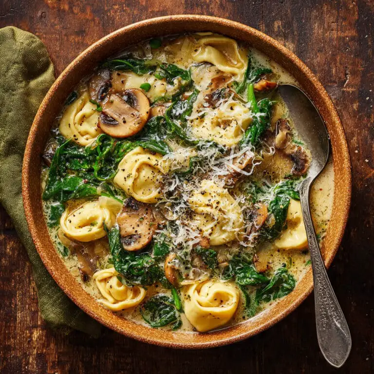 Creamy Spinach + Mushroom Tortellini Soup