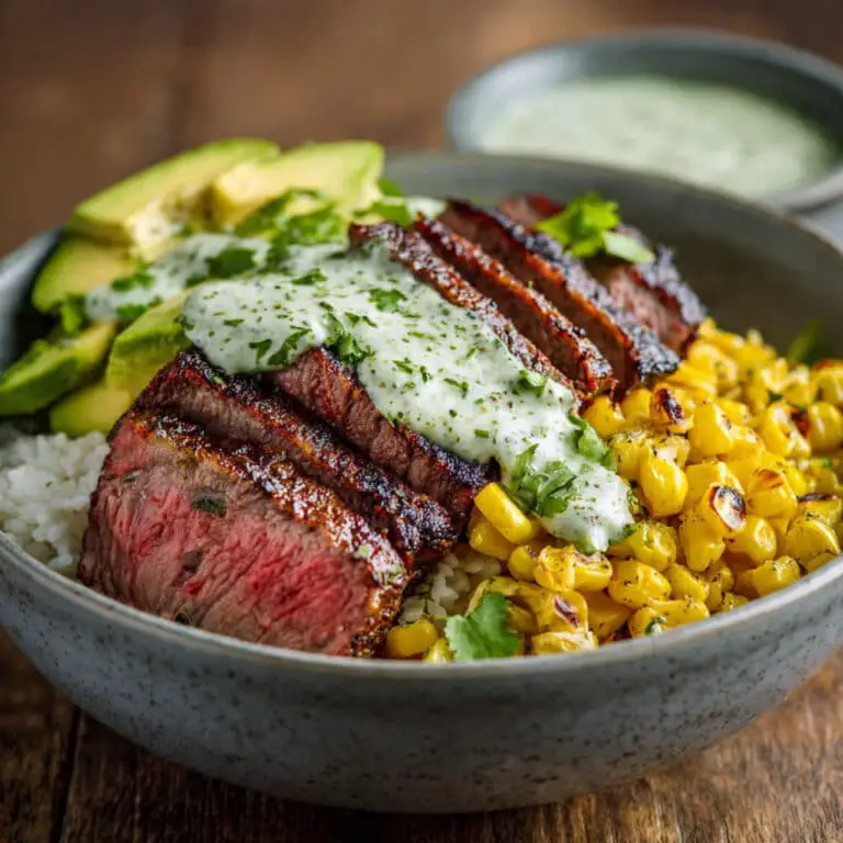 Steak, Avocado & Roasted Corn Bowl with Cilantro Cream Sauce