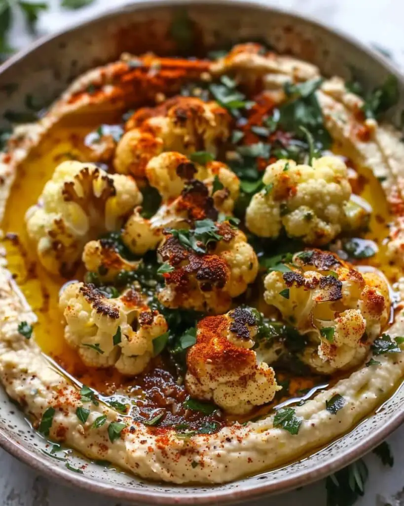 Roasted Cauliflower with Herbed Chili Oil and Hummus