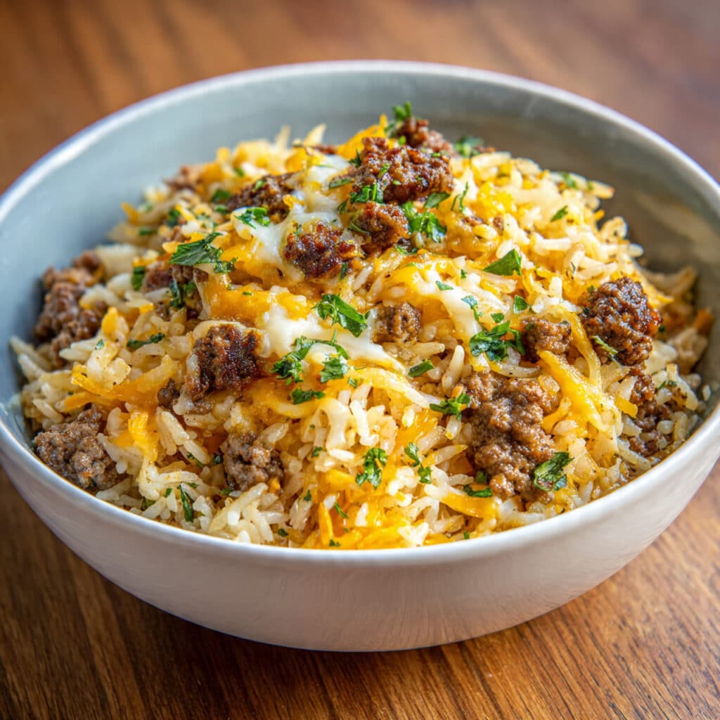 Ultimate Cheesy Beefy Garlic Butter Rice Bowl with Melted Cheddar and Mozzarella