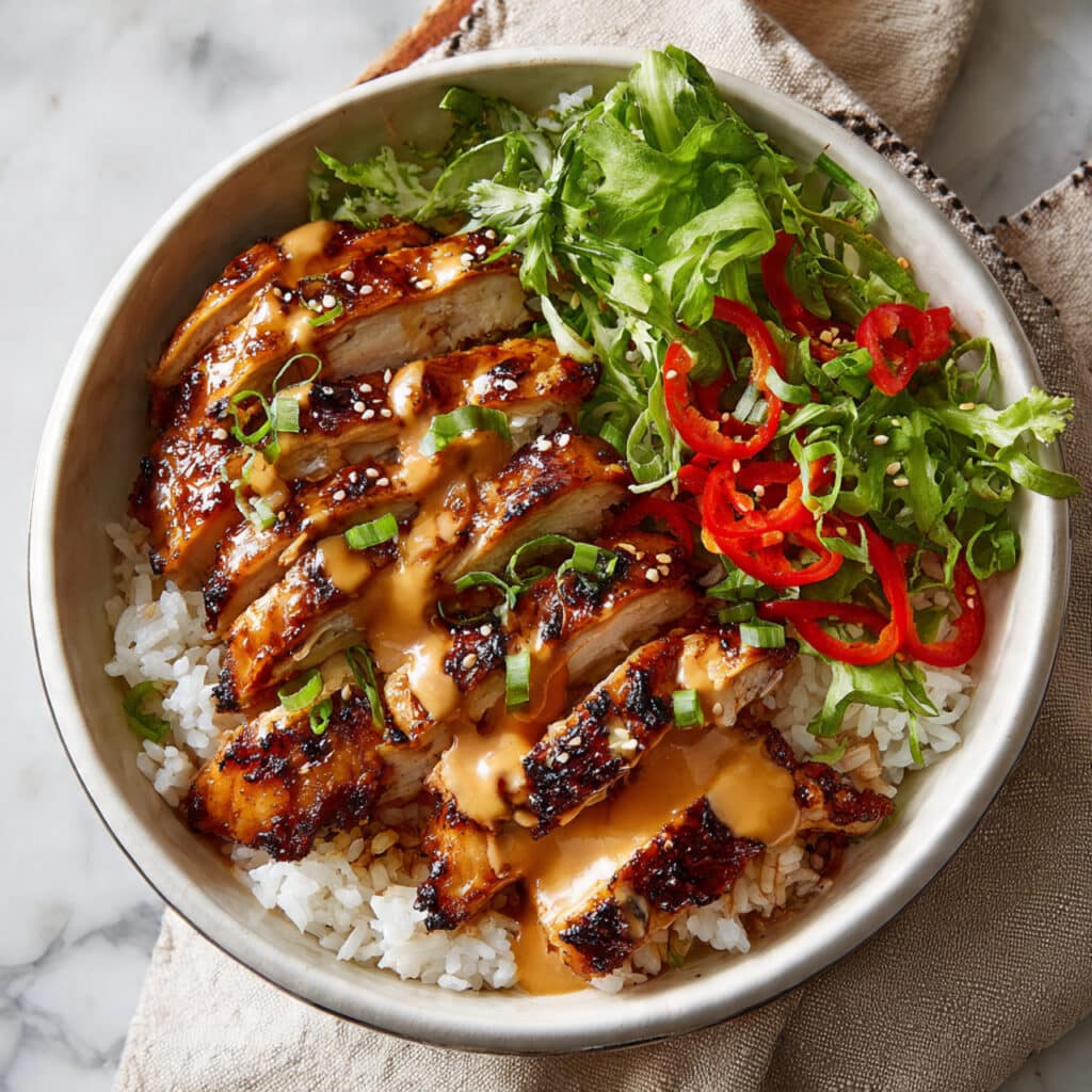 Sticky Chicken Rice Bowls with Spicy Mayo