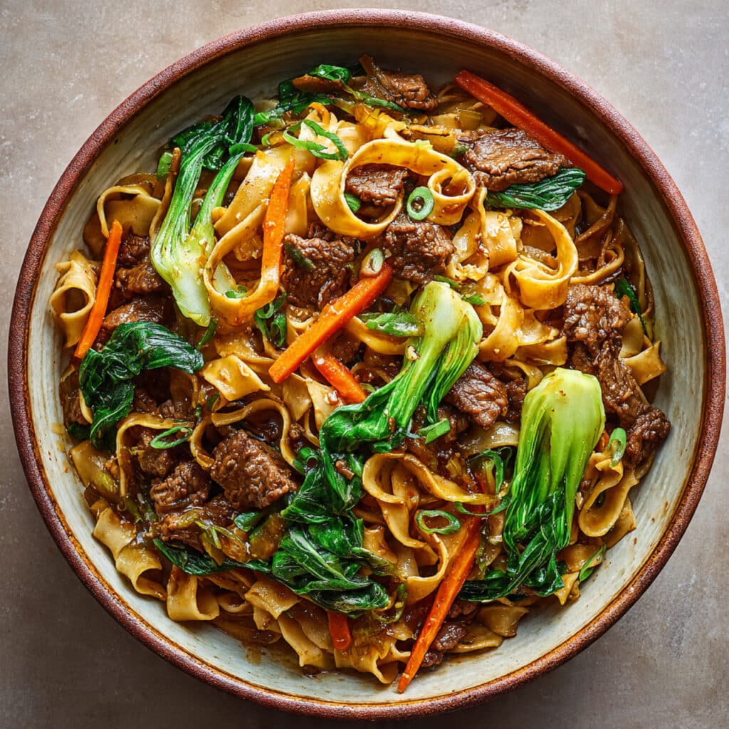 Spicy Cumin Beef Noodles with Carrots and Bok Choy