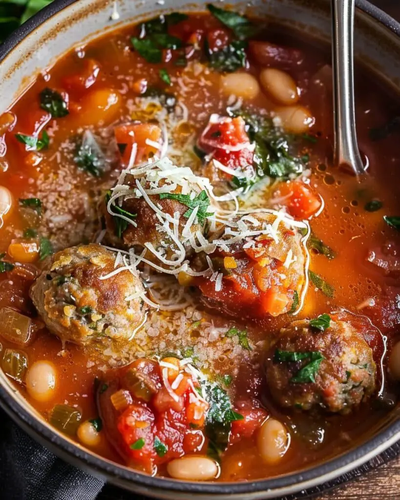 Rustic Parmesan Meatball & White Bean Tomato Soup