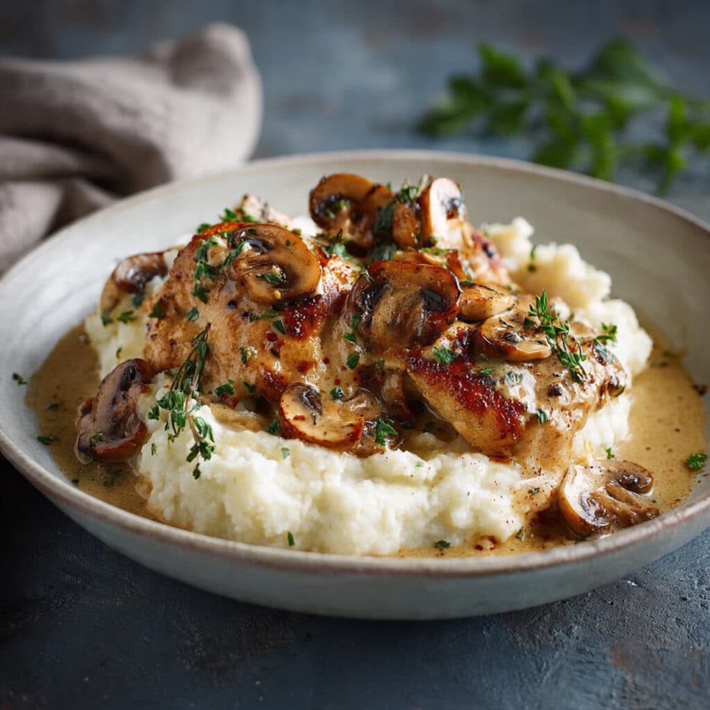 Creamy Mustard Chicken with Mushrooms and Cauliflower Purée