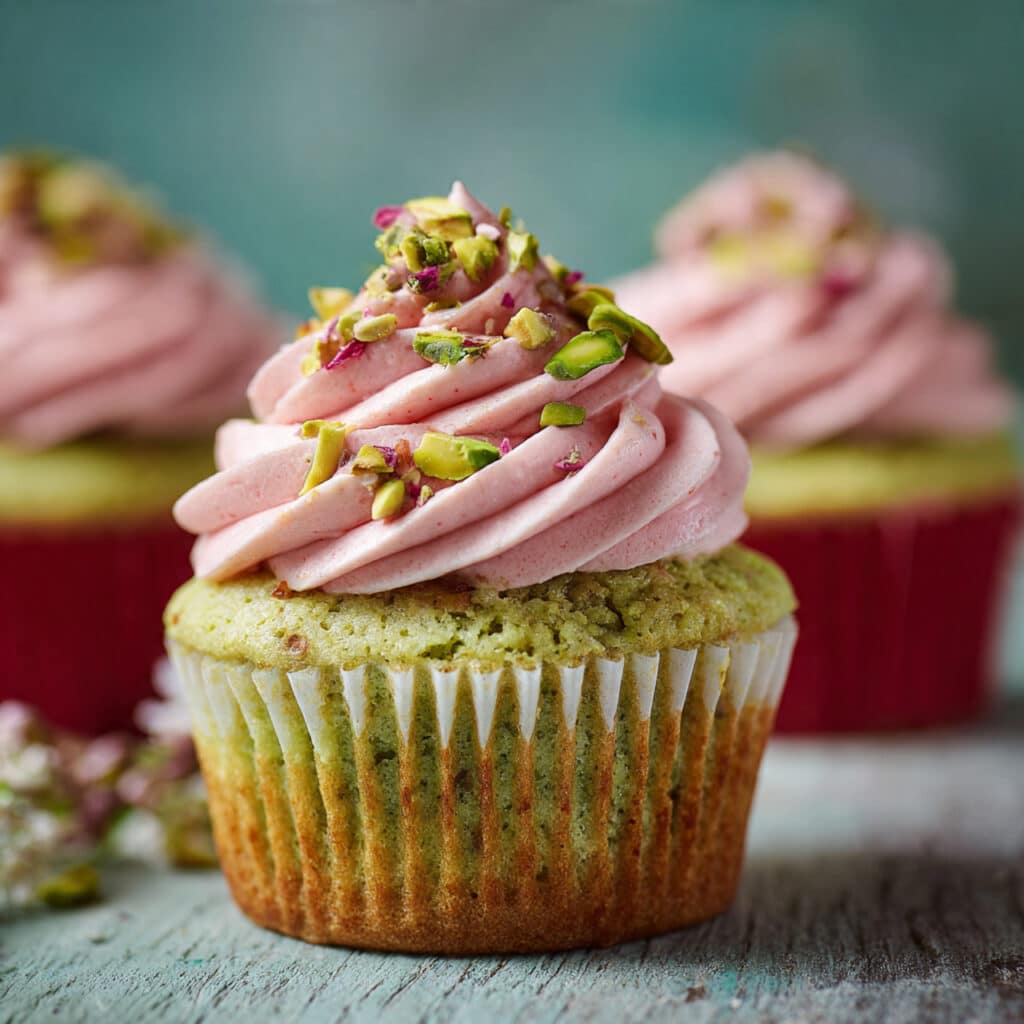 Pistachio Cupcakes with Strawberry Buttercream