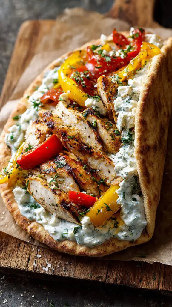 Lemon-Garlic Chicken Pitas with Feta Tzatziki & Roasted Bell Peppers For Lunch