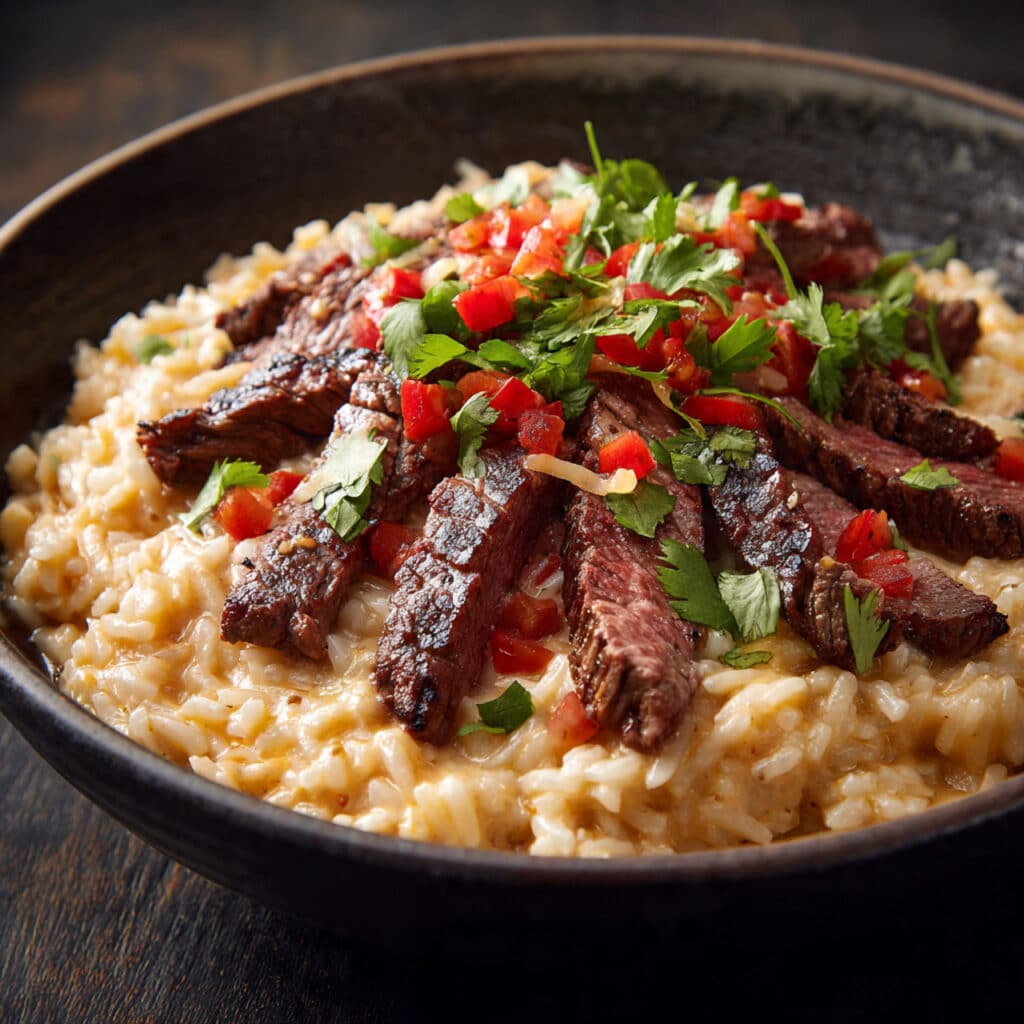 Creamy Queso Rice with Juicy Steak Strips