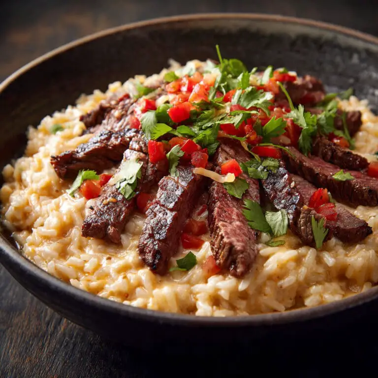 Creamy Queso Rice with Juicy Steak Strips