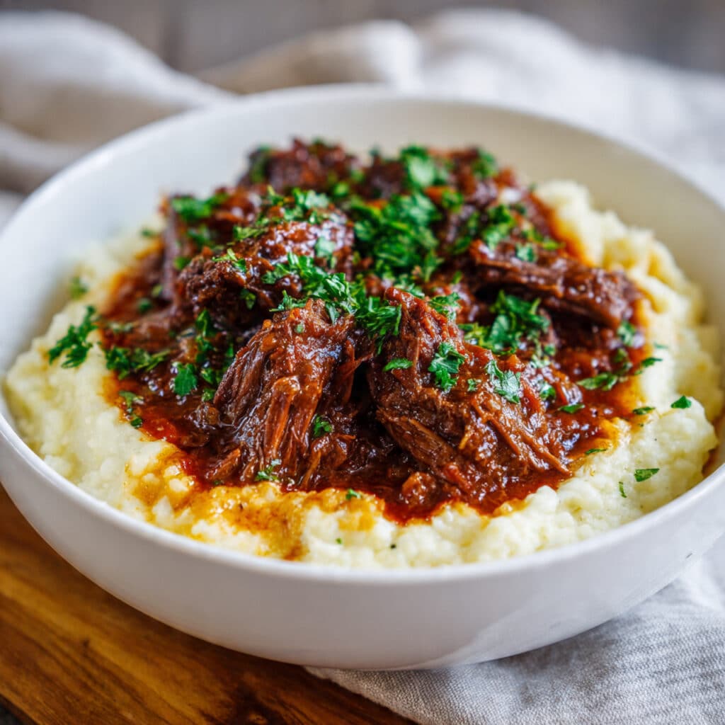 Tender Short Rib Ragu Over Silky Parmesan Mashed Potatoes