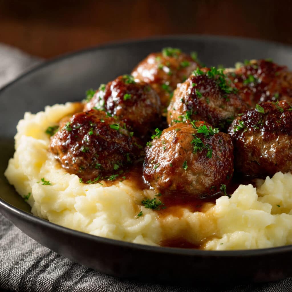 Salisbury Steak Meatballs with Garlic Herb Mashed Potatoes