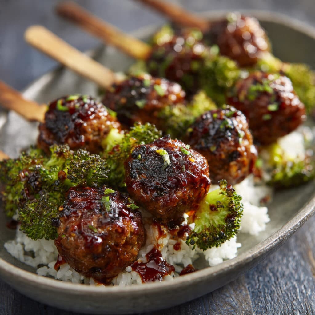 Teriyaki Meatball-Broccoli Kebabs