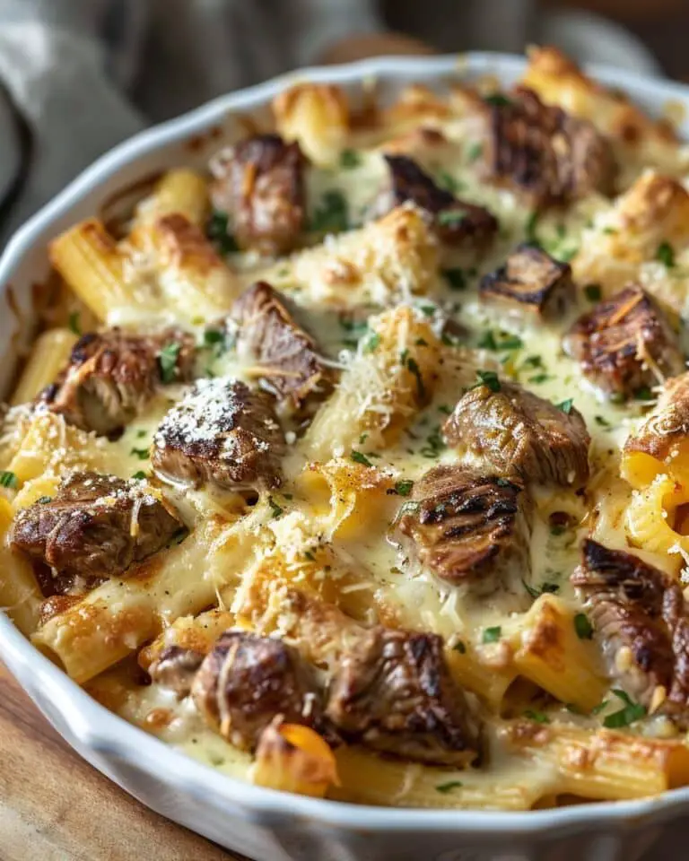 Cajun Steak Tips in Cheesy Rigatoni Parmesan Sauce
