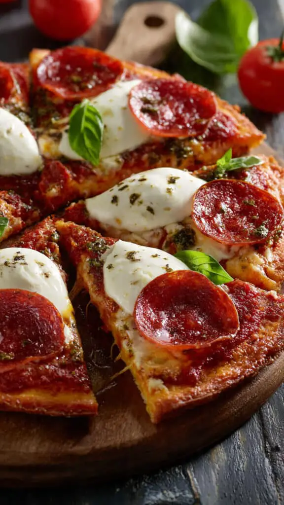 Pepperoni and Burrata Pizza with Pesto