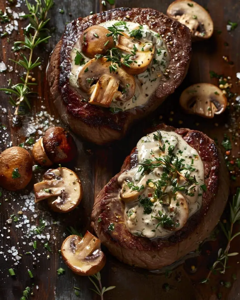 Filet Steaks with Creamy Mushroom and Herb Topping