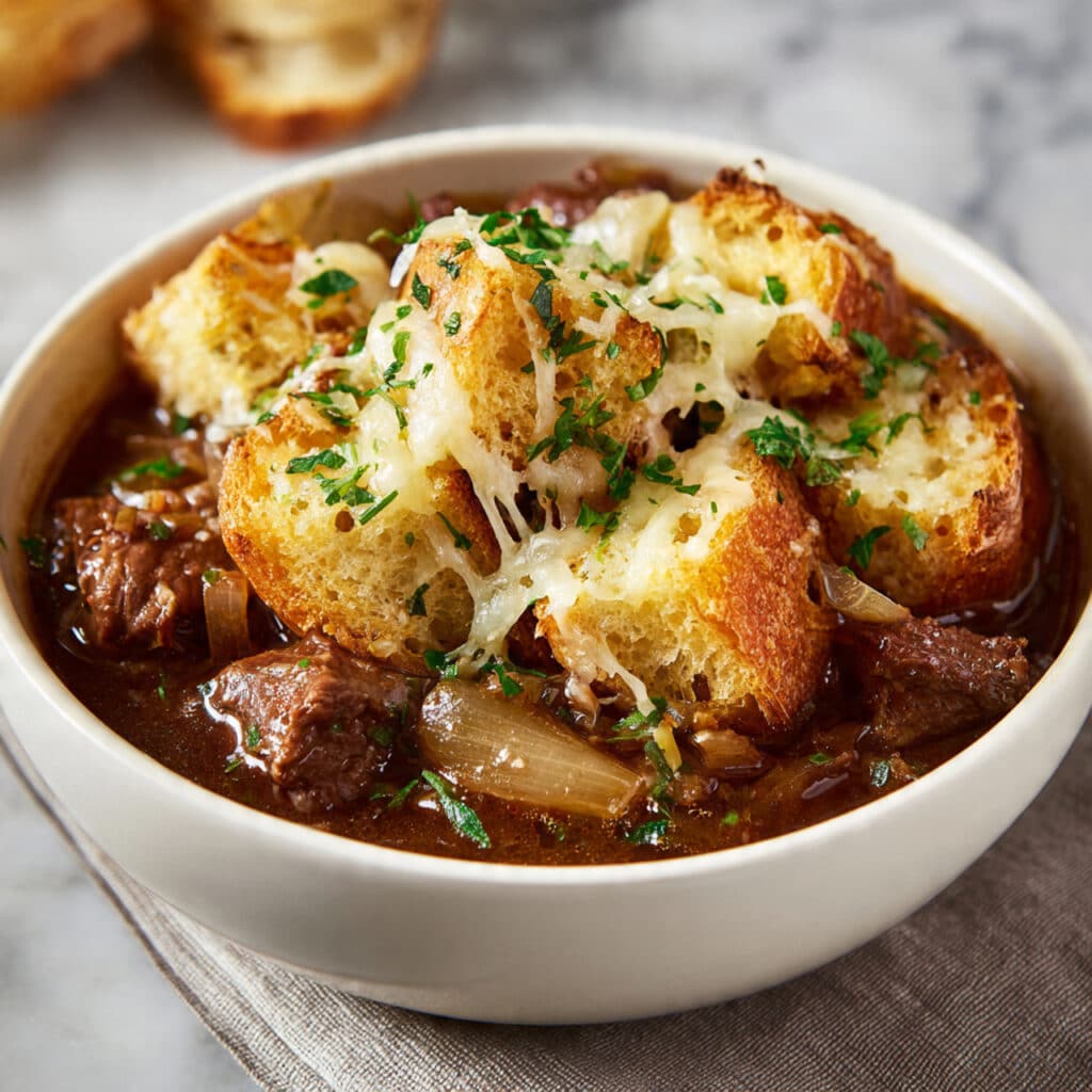 Cozy French Onion–Style Beef Stew Topped with Cheesy Bread