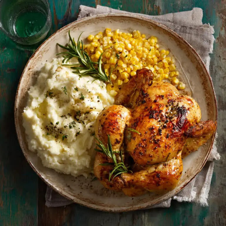 Herb-Roasted Chicken with Creamy Mashed Potatoes and Buttered Corn