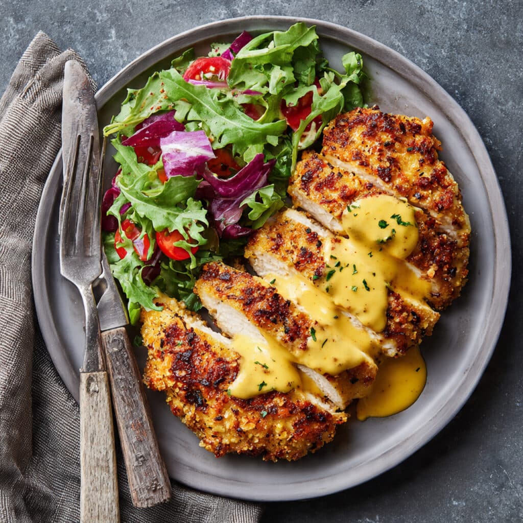 Pretzel Chicken with Mustard-Cheddar Sauce