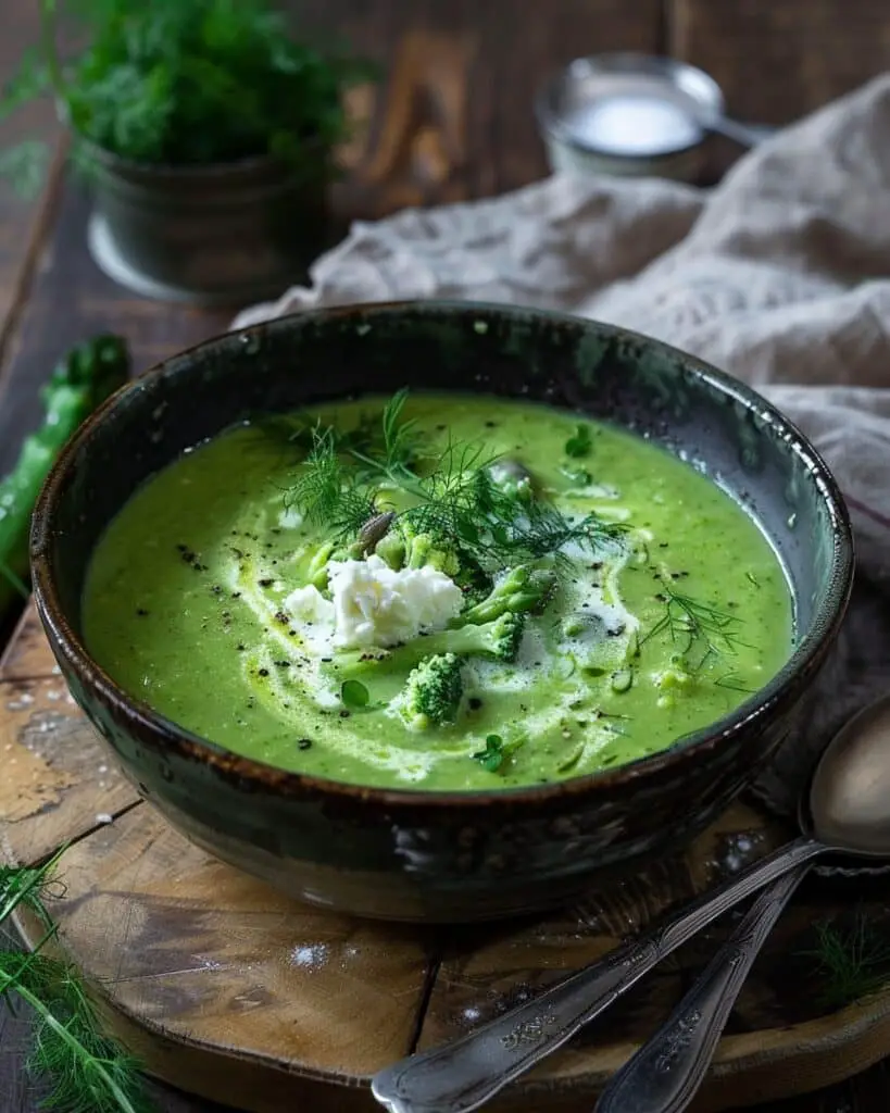 Creamy Broccoli Asparagus Soup with Goat Cheese