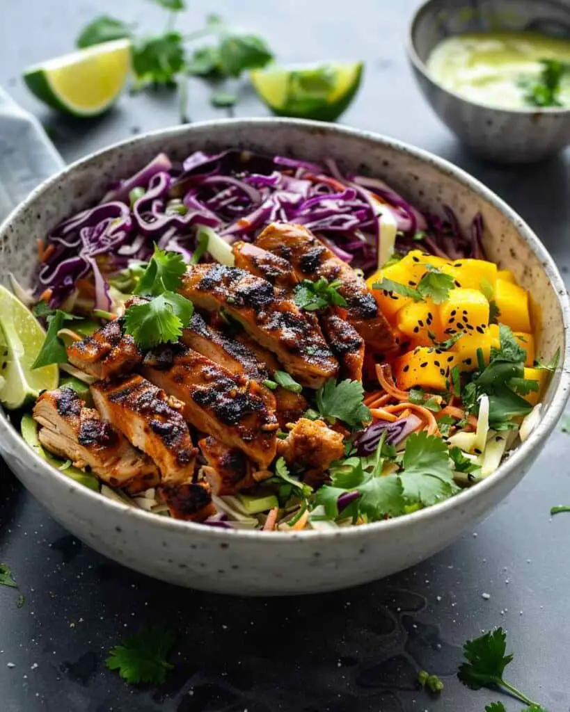 Jerk Chicken & Mango Slaw Bowls with Honey Lime Cream
