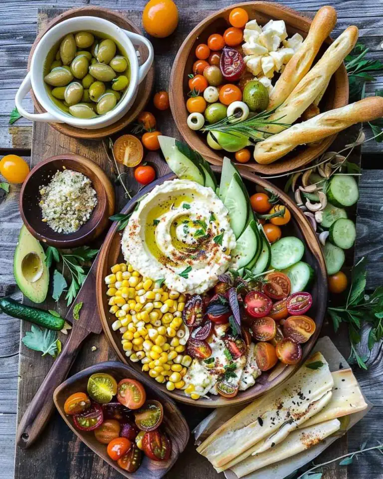 Market Veggie Board with Roasted Corn Jalapeno Hummus + Honey Whipped Goat Cheese