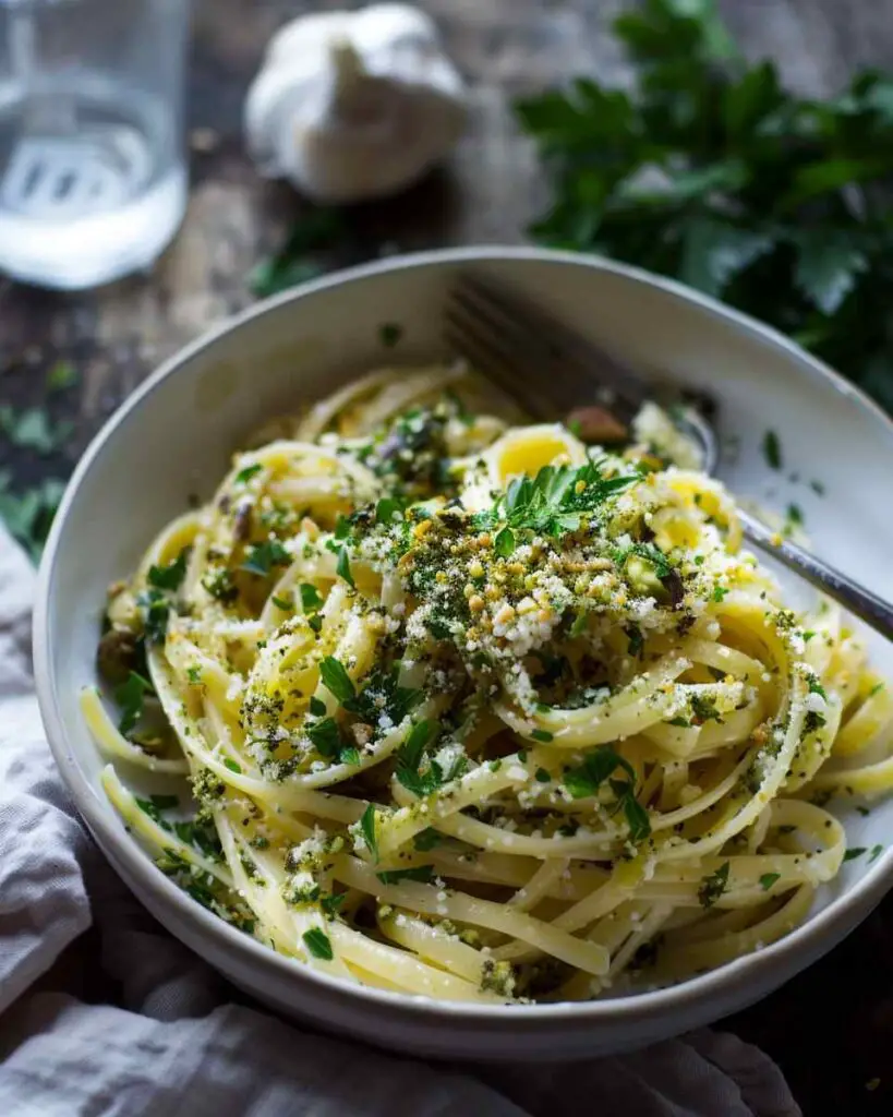 Garden Fresh Herb, Olive, and Parmesan Pasta with Pistachio Breadcrumbs
