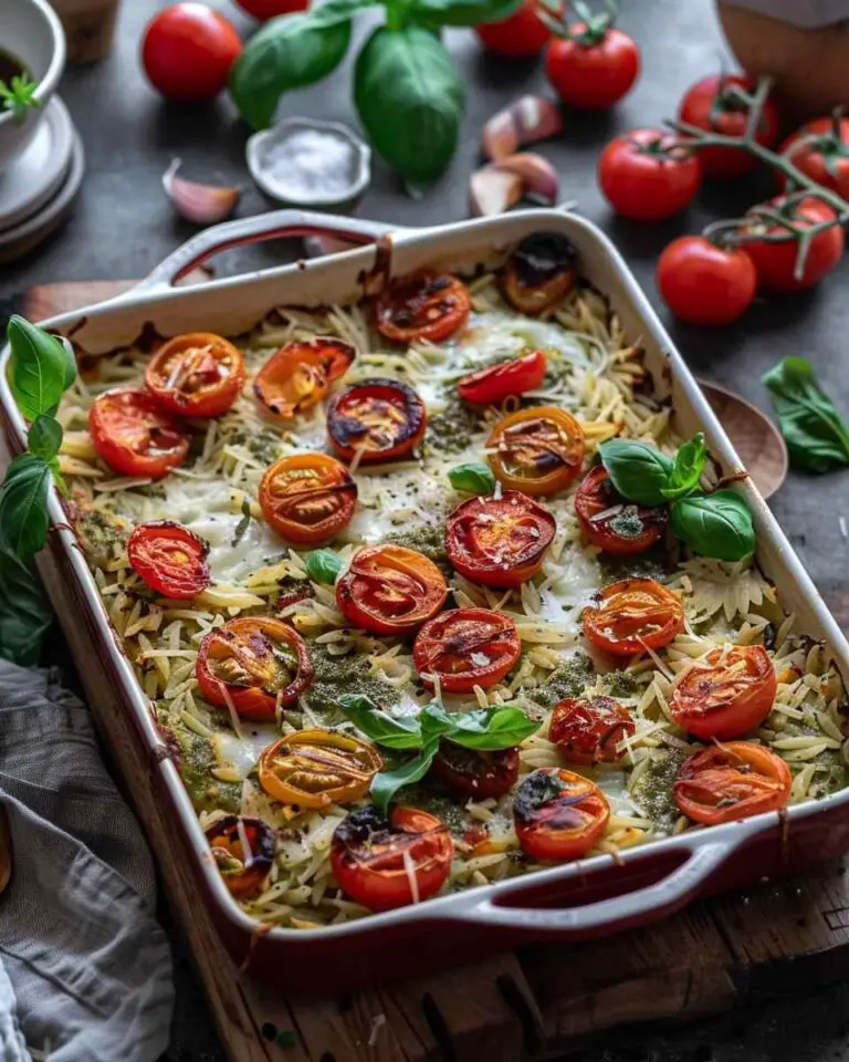 Easiest One Pan Caprese Pesto Orzo Bake