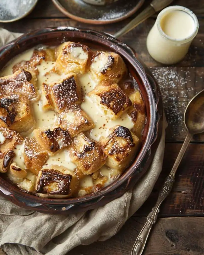 Espresso Orange Brioche Bread Pudding with Hazelnut Vanilla Sauce