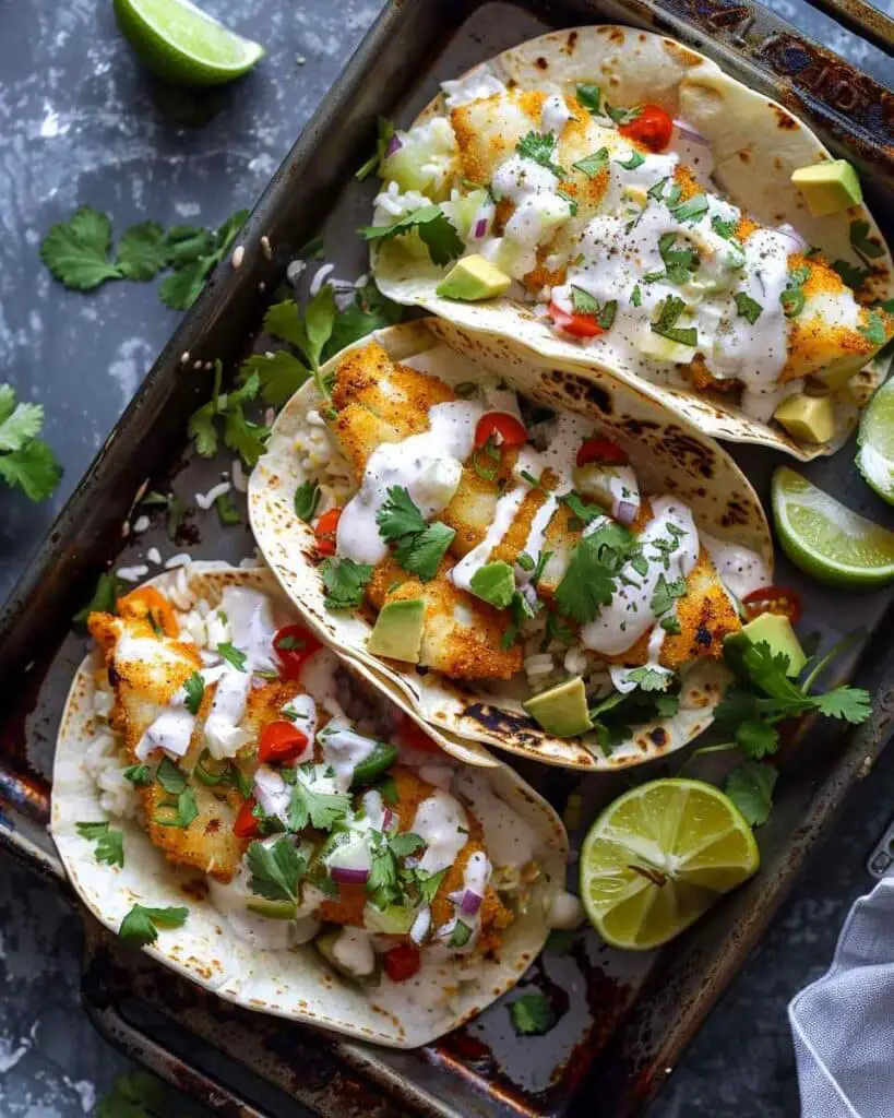 Baked Cod Fish Tacos with Creamy Cilantro Lime Sauce