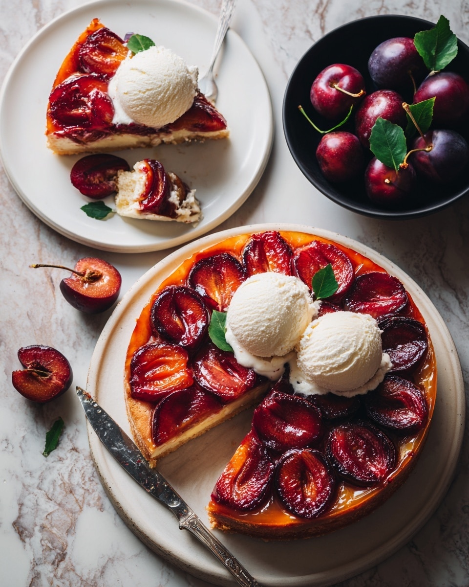 The image shows a fruit tart with a glossy, deep red and orange caramelized fruit layer on top, placed on a dark plate. The tart has a golden-brown crust around the edges and is topped with creamy white scoops of ice cream or whipped cream, starting to melt and blend into the fruit layer. Next to the tart, a slice is served on a smaller dark plate with the same fruit and creamy topping, accompanied by a silver spoon resting on the plate’s edge. There is a bowl of fresh deep red plums with glossy skins and green leaves nearby on a rustic wooden table, which contrasts with the tart’s rich colors. A knife with some creamy residue lies on the right side of the tart’s plate, and a colorful, textured cloth is partially visible on the left side. The whole scene is set on a white marbled textured surface. photo taken with an iphone --ar 4:5 --v 7