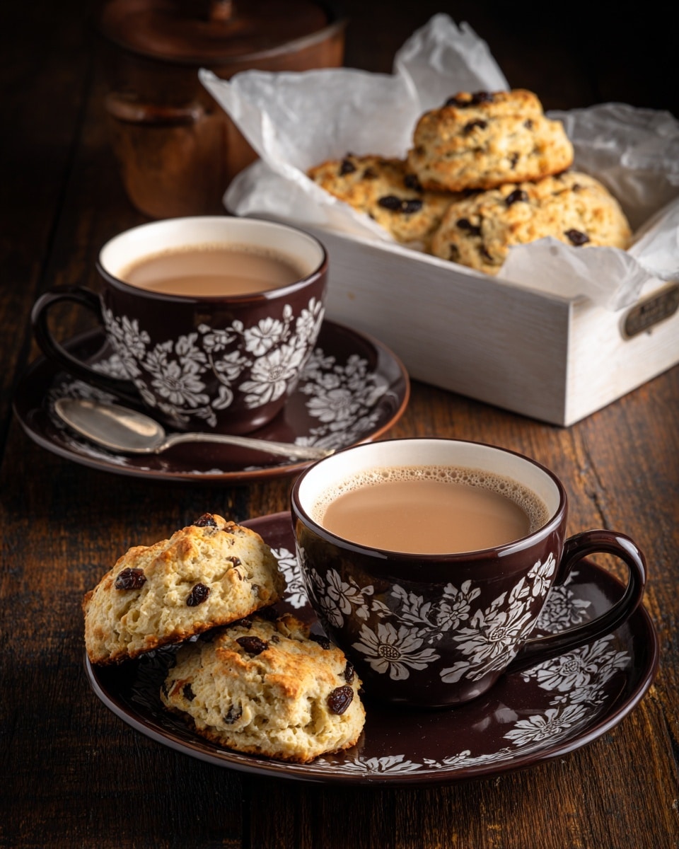 The image shows two dark brown cups with floral white patterns, filled with light brown coffee, each placed on matching saucers. One of the saucers has a silver spoon beside the cup. In front of the cups, there are two pieces of golden brown scones with visible seeds and raisins, placed directly on the wooden table. Behind the cups, there is a white container lined with parchment paper, holding several more pieces of the scones, which have a crumbly texture and scattered dark raisins on top. The surface beneath everything is a dark wood texture. Photo taken with an iphone --ar 4:5 --v 7
