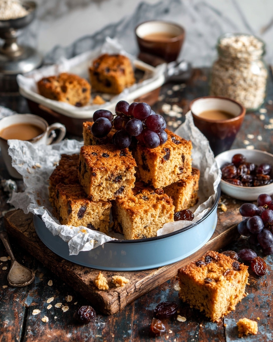 A round light blue tin lined with crumpled white parchment paper is filled with several square pieces of golden brown scones speckled with dark raisins, topped with a small bunch of raisins still on their stems in the center. In front of the tin, three scone pieces are placed on a dark wooden surface along with loose raisins scattered around. To the right, a small, shallow white bowl holds more dark raisins attached to stems. In the background, on the left, two glass jars filled with scones and oats stand side by side. On the right, a vintage white scale holds scone pieces in a white tray on top, and a dark brown cup filled with light brown coffee is placed nearby. The whole scene rests on a dark wooden surface with a black backdrop behind, changed to a white marbled texture. Photo taken with an iphone --ar 4:5 --v 7