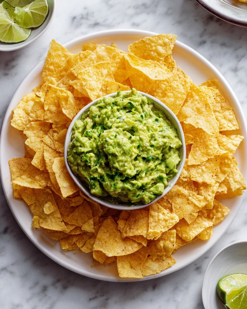 A white plate filled with many golden yellow tortilla chips arranged around a small round bowl of chunky green guacamole placed at the center, the guacamole showing a slightly rough texture with bits of avocado and herbs. The background is a white marbled surface with a partial view of a small white bowl containing lime wedges on the right side and a glass with a light drink near the bottom. Photo taken with an iphone --ar 4:5 --v 7