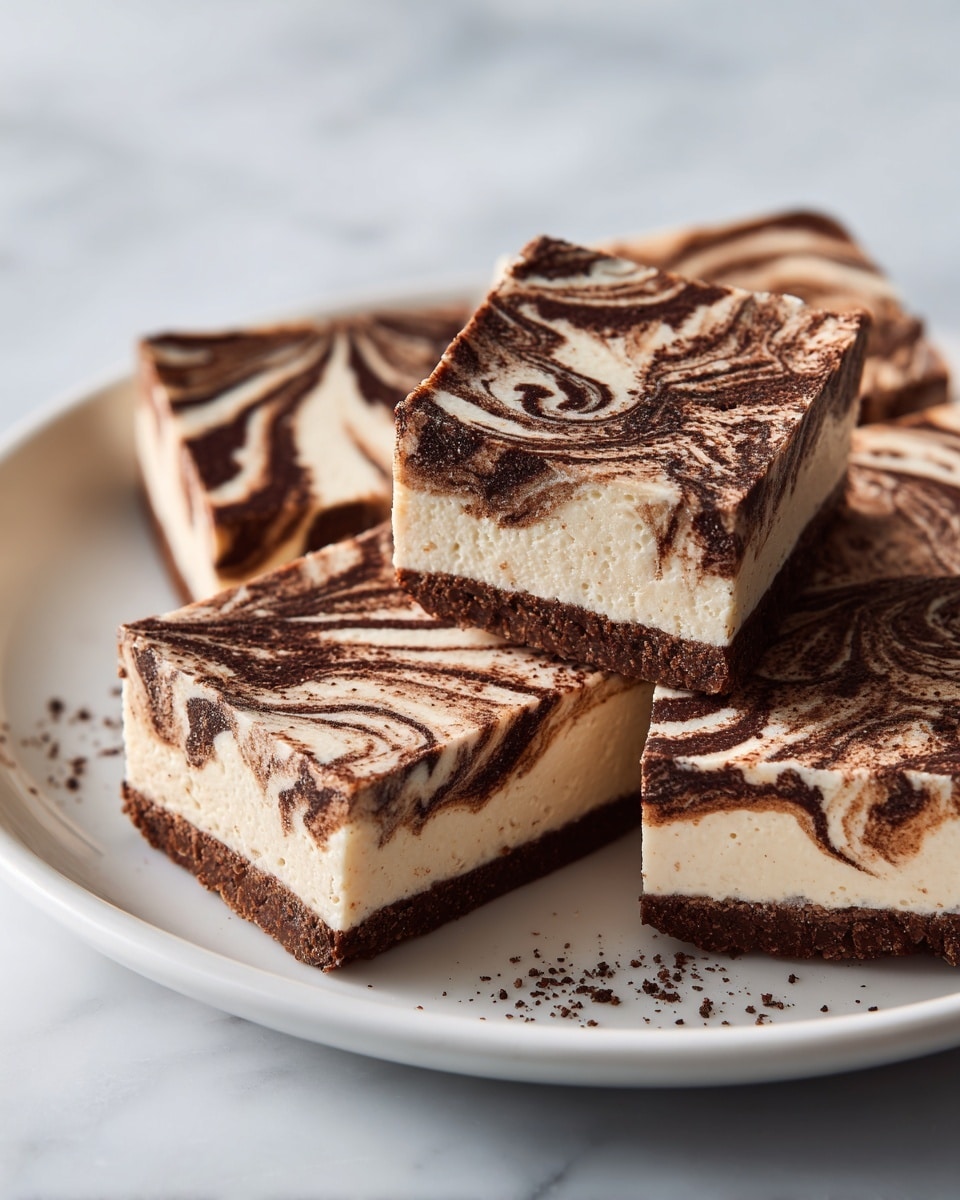 The image shows a white rectangular plate on a white marbled surface filled with pieces of marbled chocolate and vanilla bark, cut into uneven rectangles. The bark has layers of creamy white and dark brown swirled together in a marbled pattern, creating a mix of smooth and rough textures. Some pieces overlap on top of each other, showing both the flat surface and the rough edges of the bark. Photo taken with an iphone --ar 4:5 --v 7