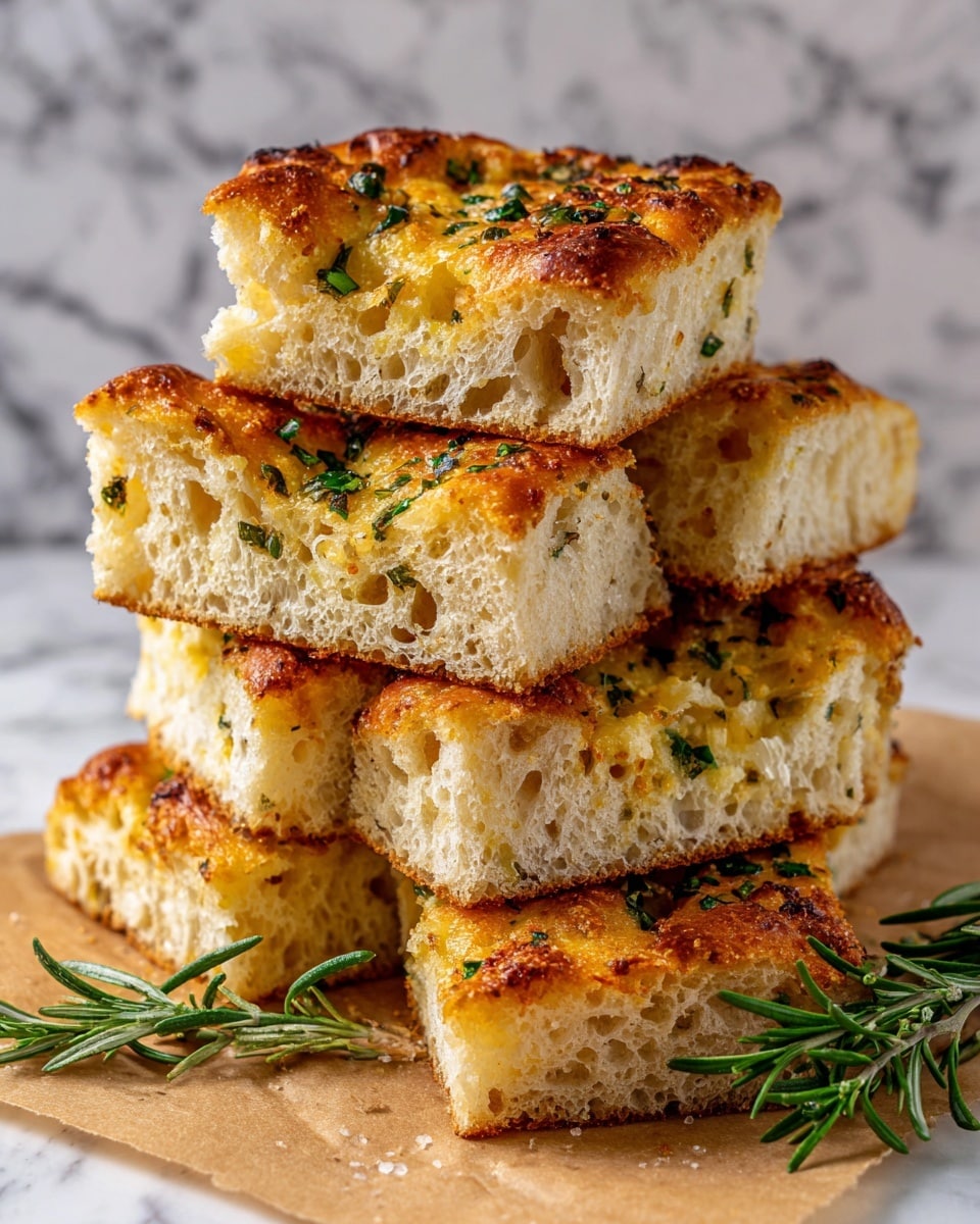 A pile of four square pieces of focaccia bread sits on brown parchment paper, stacked on top of each other. The bread has a golden-brown crust with a slightly crispy and cheesy texture on top, sprinkled with green herbs like parsley or rosemary. Each piece shows an airy and soft inside with visible holes in the crumb. The base focaccia has a rich, warm orange color from melted cheese and herbs, and the bread appears thick and fluffy. Fresh rosemary is placed in front near the bread, all set on a white marbled surface in a bright kitchen. Photo taken with an iphone --ar 4:5 --v 7